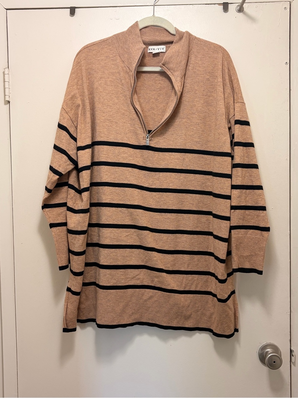 Tan and Black Striped Quarter Zip Women's Sweater
